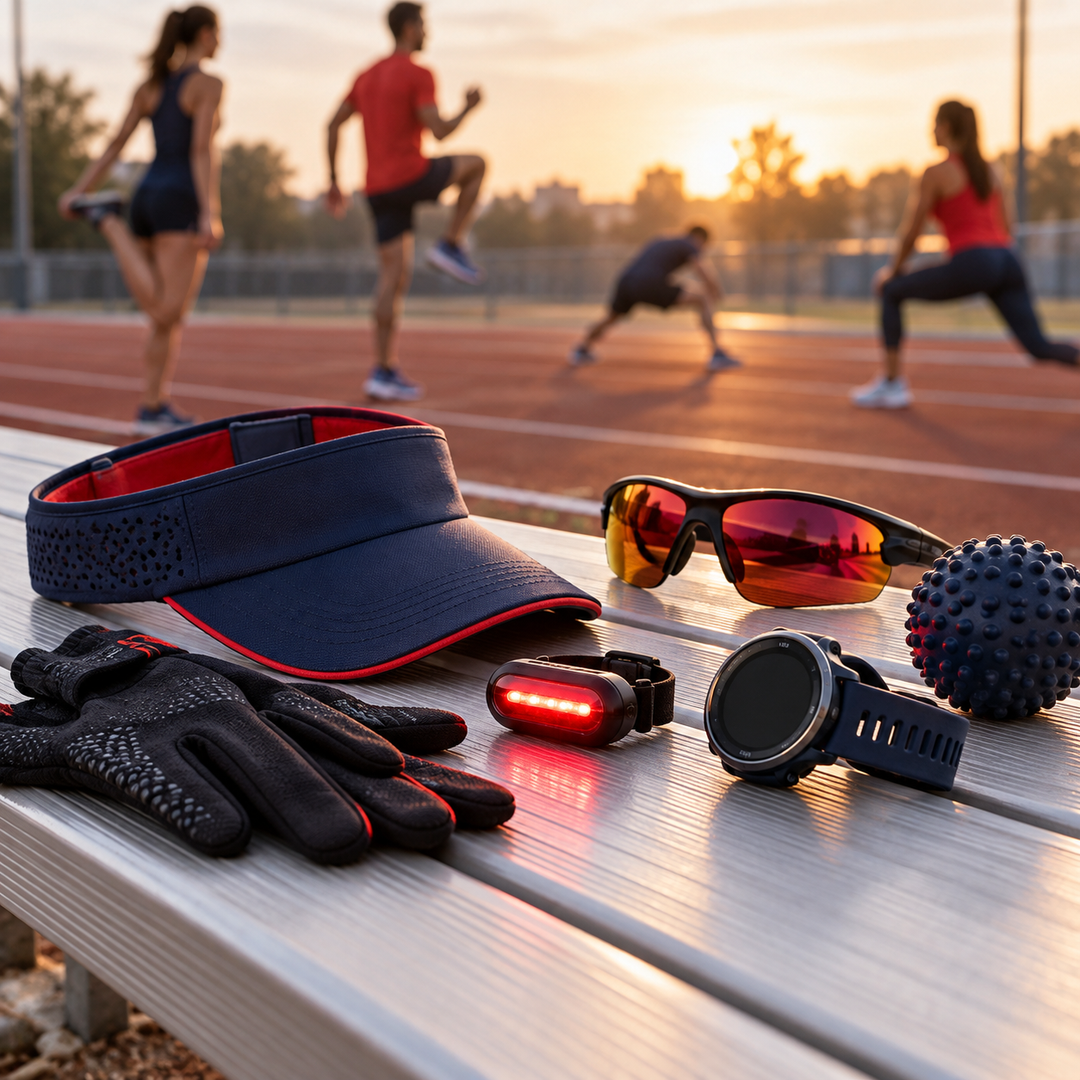 Running accessories arranged on a track bench at sunrise